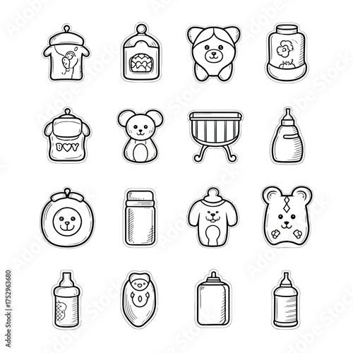 Collection of hand drawn baby and pet care icons in a grid layout