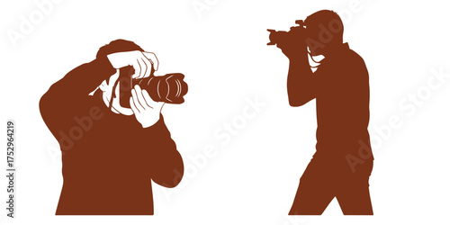 Silhouettes of two photographers with cameras on white background photography person