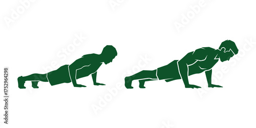 Silhouettes of two men doing push-ups in green on a white background exercise fitness