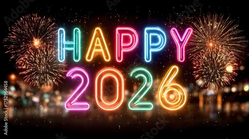 Vibrant neon glowing “Happy New Year 2026” text in rainbow colors with fireworks and confetti on dark festive background