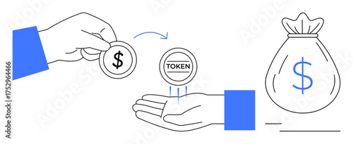 Hand holding dollar coin being exchanged for token with arrow indicating transaction, alongside money bag. Ideal for finance, investment, trading, blockchain, cryptocurrency, savings, digital