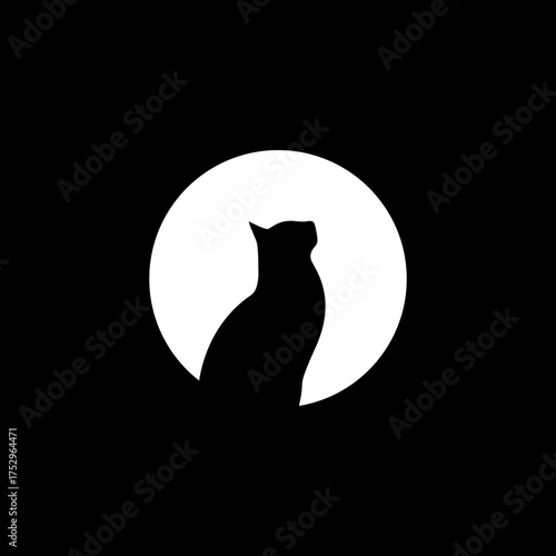 Black cat silhouette sitting in front of a bright full moon. Simple vector artwork showing elegant feline figure against dark background. Graphic design element representing night and calm atmosphere