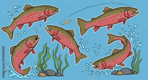 Illustration showcasing a vibrant school of trout swimming gracefully in clear waters