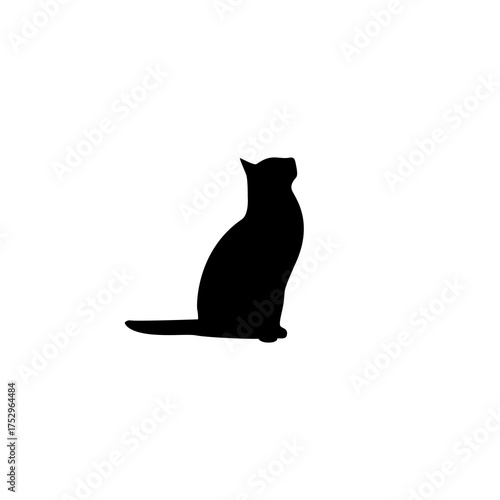 Black cat silhouette sitting on white background. Simple vector illustration showing elegant feline posture. Graphic design element representing calm and pet concept
