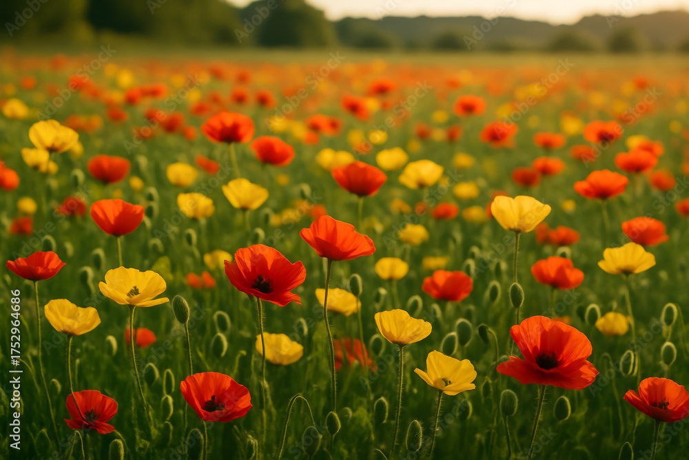 Fototapeta premium Colorful field of red and yellow poppies in bloom