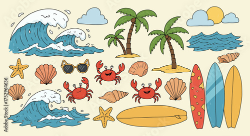 Tropical Beach Summer Vacation Doodle Illustration with Sun Surfboards and Sea