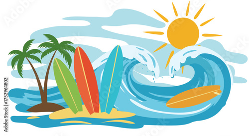 Vibrant tropical surfing paradise illustration with sun, waves and surfboards