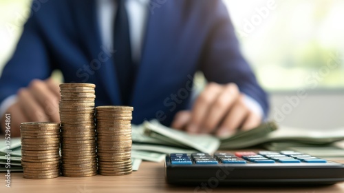 A business professional is calculating finances with stacks of coins and a calculator, emphasizing wealth management and financial planning.