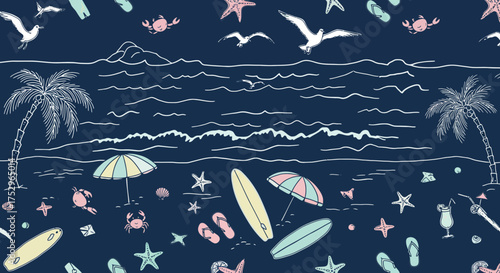 Whimsical hand-drawn beach scene with sea, palms and various summer elements