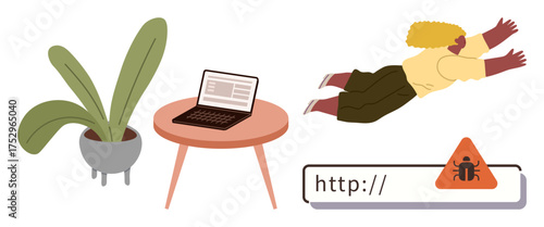 Woman soaring towards laptop on table next to plant with malware alert on browser link. Ideal for cybersecurity, internet safety, technology, awareness, online threat, data security, simple flat