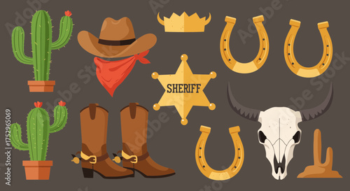 Wild west collection illustration with cowboy accessories and desert plants elements