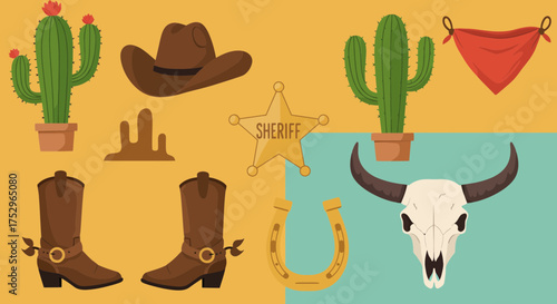 Wild West Vector Illustration featuring Cowboy Boots, Hat, Cactus and Bull Skull
