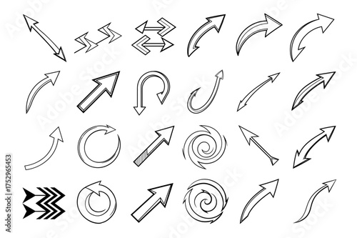 Vector Collection of Hand-Drawn Charcoal Arrow Icons  Rough Sketch Direction Pointers, Scribble Arrows and Swirl Elements on Transparent Background