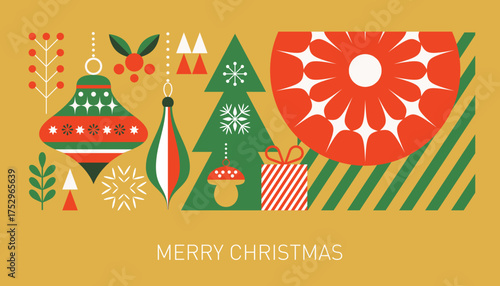 Christmas decorations, horizontal vector xmas banner, Christmas tree toys