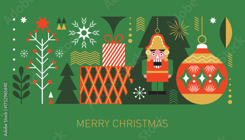 Christmas decorations, horizontal vector xmas banner, Christmas tree toys