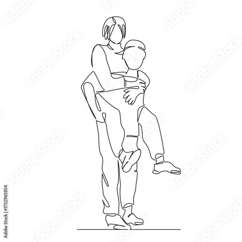 One continuous single drawing line art flat doodle man, woman, shoulder, happy, together, love, couple, fun, carrying. Isolated image hand draw contour on a white background, hand drawn, not AI