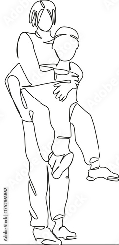 One continuous single drawing line art flat doodle man, woman, shoulder, happy, together, love, couple, fun, carrying. Isolated image hand draw contour on a white background, hand drawn, not AI