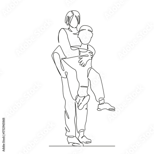 One continuous single drawing line art flat doodle man, woman, shoulder, happy, together, love, couple, fun, carrying. Isolated image hand draw contour on a white background, hand drawn, not AI