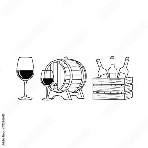 Hand drawn illustration of wine glass barrel and bottles in a crate