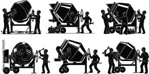 A set of mechanics and workers installing and repairing a generator, engine, and cable connectors, black and white line art illustration for power generation, maintenance.