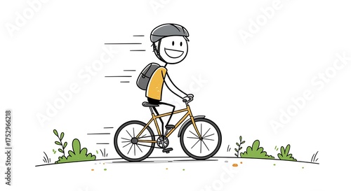 Stick Figure Riding Bike with Helmet and Backpack
