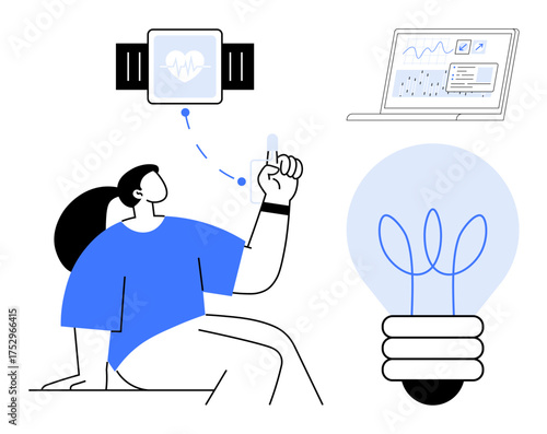 Woman monitoring health stats with wearable device, transmitting data to laptop. Lightbulb symbolizes innovation and ideas. Ideal for health tracking, technology, innovation, fitness, wellness, data