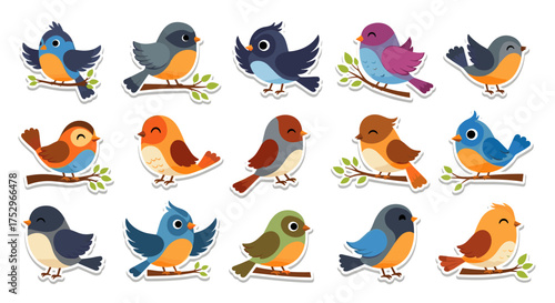 A charming collection of cute cartoon birds perched on branches depicting various species and colors