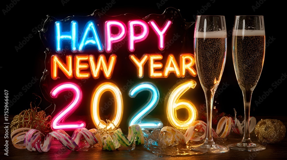 custom made wallpaper toronto digitalVibrant neon party scene with glowing “Happy New Year 2026” surrounded by colorful ribbons and champagne splash