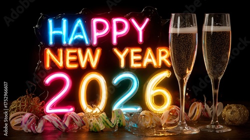 Vibrant neon party scene with glowing “Happy New Year 2026” surrounded by colorful ribbons and champagne splash