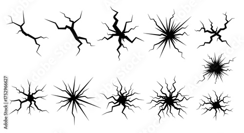 Collection of black cracked textures representing damage and disruption for graphic design purposes.