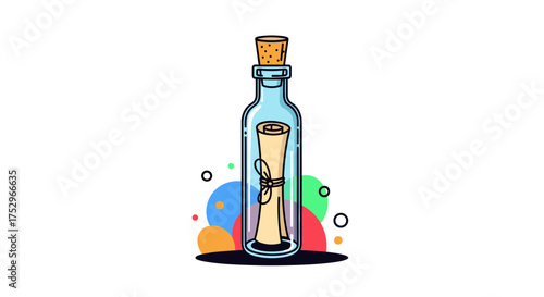 A rolled parchment tied with string inside a glass bottle with a cork stopper surrounded by colorful circles and bubbles.