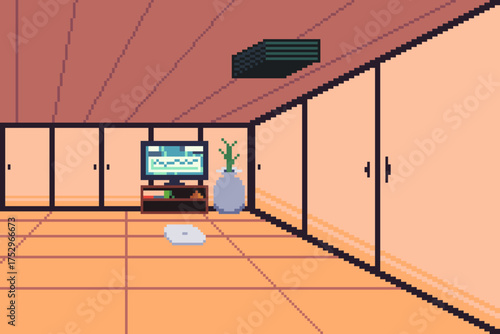 Traditional Japanese Style Interior with Television set and Short Book Shelf, Pixel Art Style Artwork