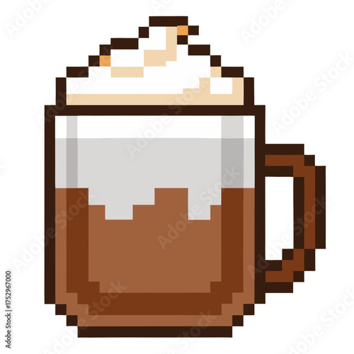Inviting pixel cappuccino for retro gaming vibes and cosy winter designs in a nostalgic style