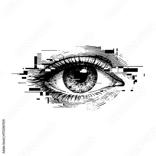 Glitch Distorted Human Eye Engraving Vector Illustration
