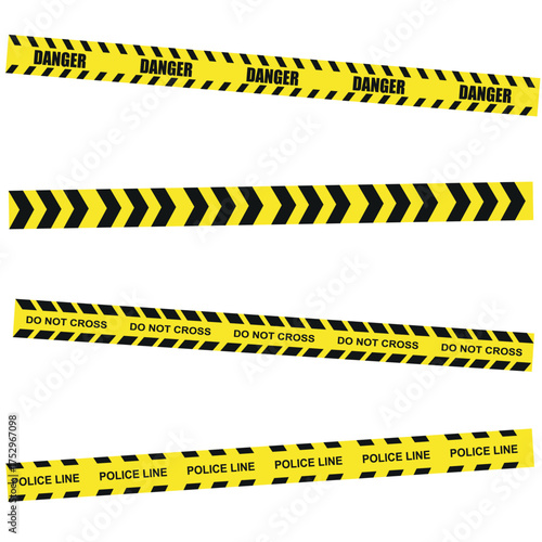 Collection of yellow caution tapes with danger, do not cross, and police line text, perfect for safety posters, warning backgrounds, and security design themes.