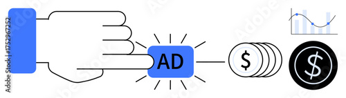 Hand pressing ad button emitting rays, stack of coins, dollar symbol, and growth chart. Ideal for advertising, online marketing, revenue generation, business strategy, digital economy campaign