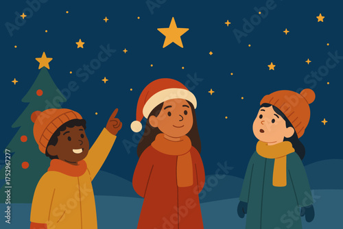 Children admiring the starry night sky and a Christmas tree. A diverse group of kids, including one wearing a Santa hat, enjoying the holiday season outdoors. Vector illustration.