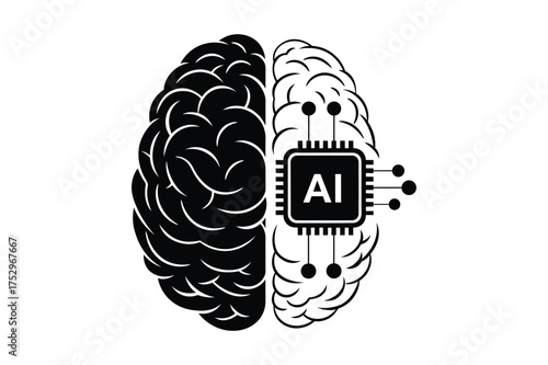 Human Brain and AI Chip Circuit – Artificial Intelligence Vector Icon