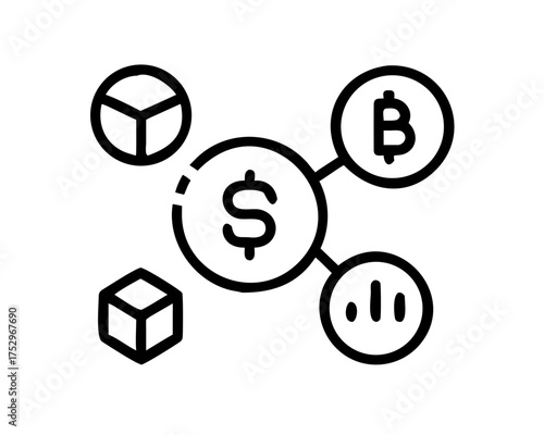 Dollar symbol connected to bitcoin, cube, and chart
