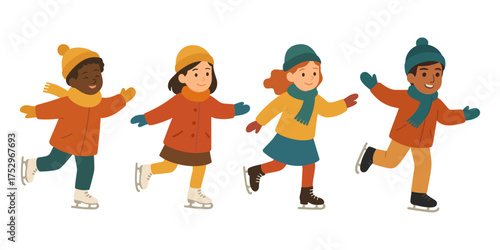 Children ice skating together, having fun on a winter day. A diverse group of kids in colorful coats, scarves, and hats, enjoying the ice and each other's company. Vector illustration.