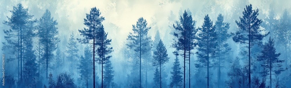 Fototapeta premium Serene pine forest illustration capturing the tranquil beauty and calm essence of nature's landscapes in blue hues