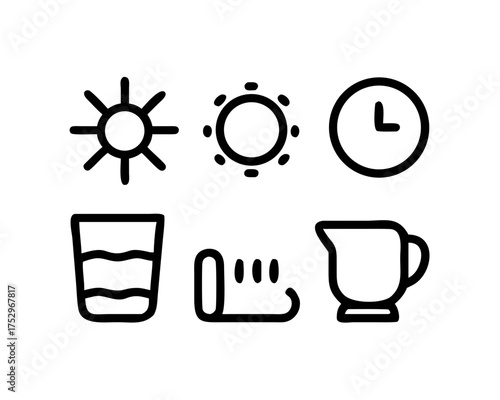 Icon illustration of morning routine with sun, clock, drink, and yoga mat