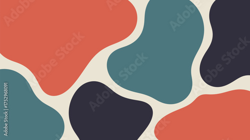 Abstract background with red, teal, and navy organic shapes on a light beige colored background