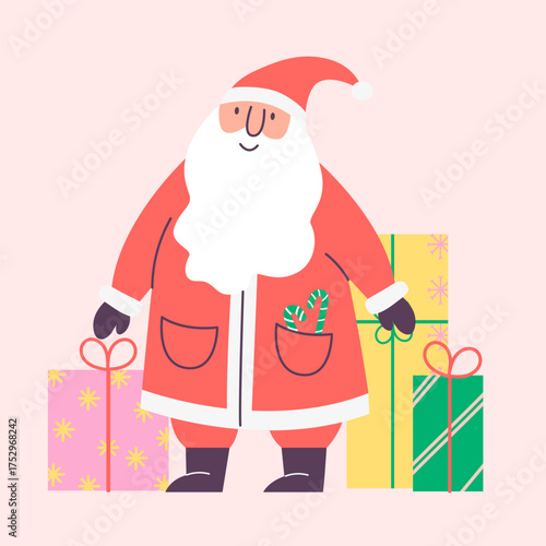 Christmas santa claus with festive gifts and holiday decorations