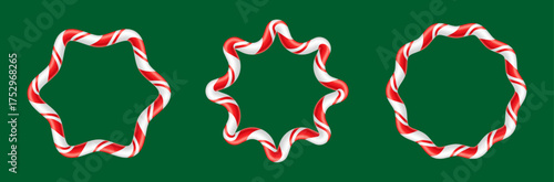 Set of wavy realistic Christmas frames with a glossy, twisted candy cane pattern vector illustration