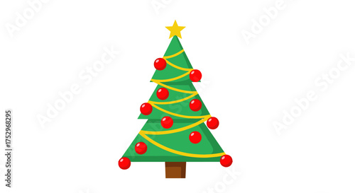A festive green Christmas tree decorated with red baubles and yellow garland and topped with a golden star.
