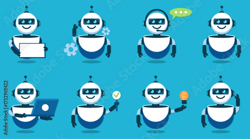 Robot icon collection with friendly blue design. Cute chatbot assistant characters in various actions and poses for digital interface