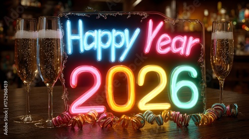 Vibrant neon party scene with glowing “Happy New Year 2026” surrounded by colorful ribbons and champagne splash