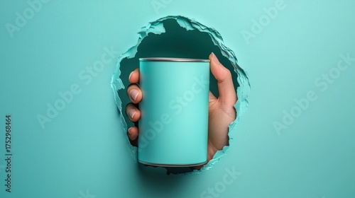 Hand holding a turquoise can through a torn hole in blue paper.