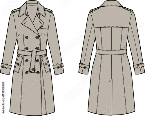 Beige trench coat technical illustration, front and back fashion drawing, double breasted outerwear design, garment construction sketch, apparel design template